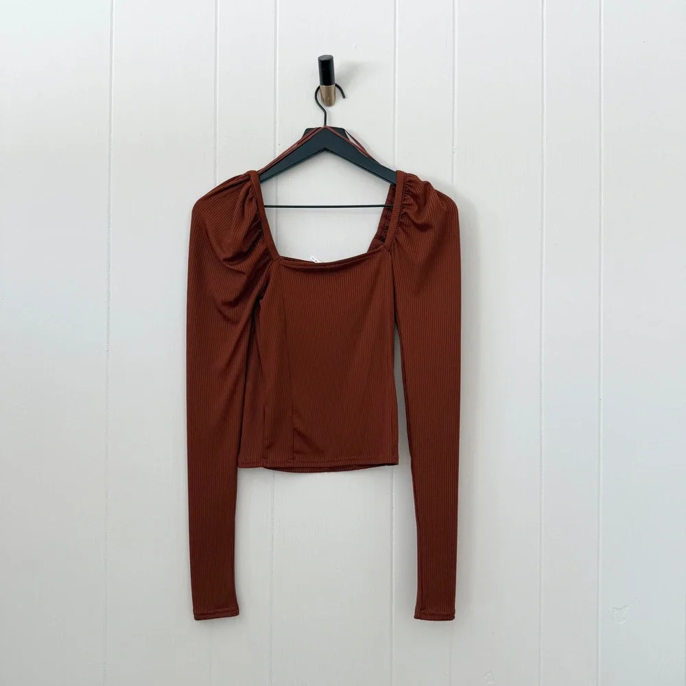 Free People It Girl Square Neck Puff Sleeve Top Long Sleeve Ribbed Rust Orange